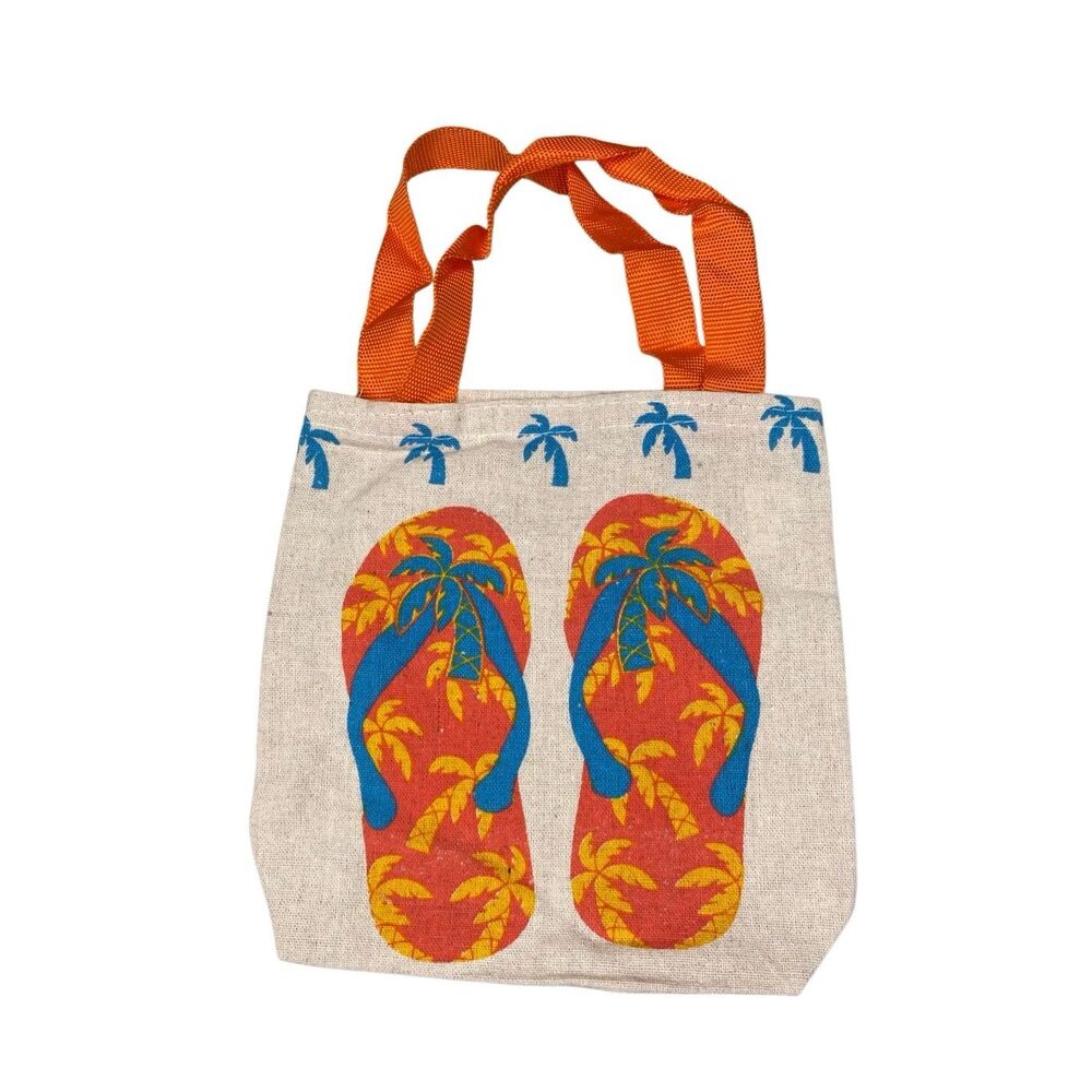 Tropical Flip Flop Palm Tree Mini Tote Bag Beach Summer Canvas Cute Fun Vacation